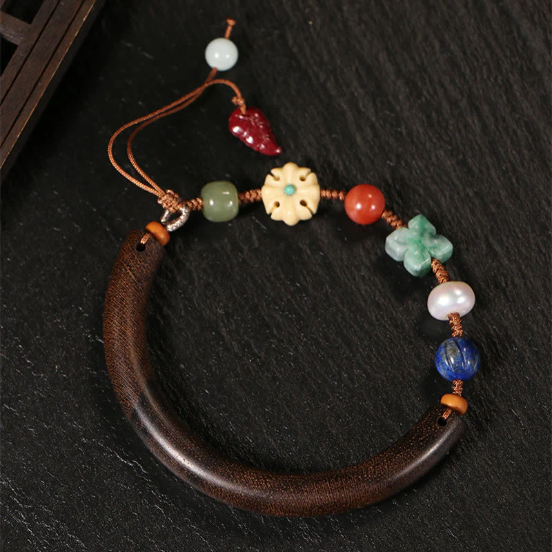 Mocoer Agarwood Lazurite Pearl Hetian Jade Crystal Luck Strength String Cuff Bracelet - Mocoer