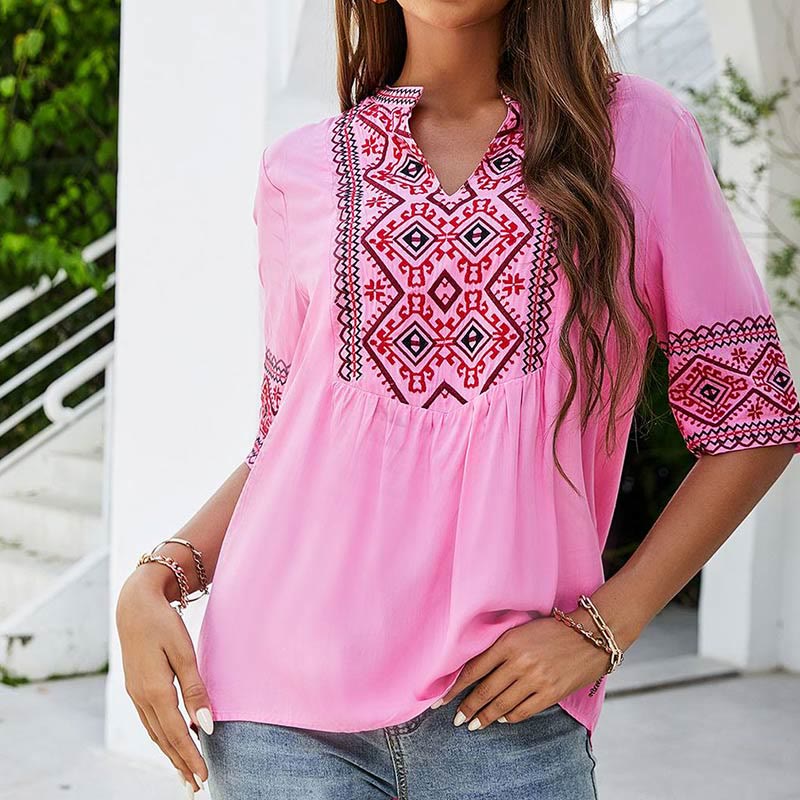 Mocoer Summer Boho Embroidery Floral Pattern Half Sleeve V-neck Cotton Women's T-Shirt - Mocoer