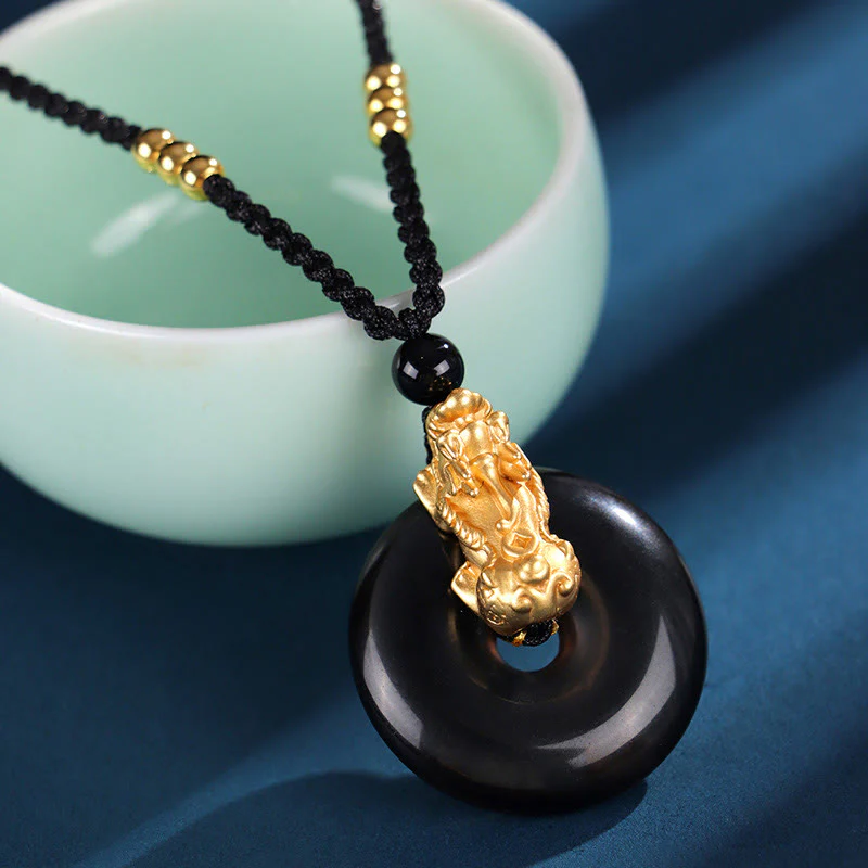 Mocoer Black Onyx White Agate Peace Buckle 999 Sterling Silver Gold PiXiu Fortune Necklace Pendant - Mocoer