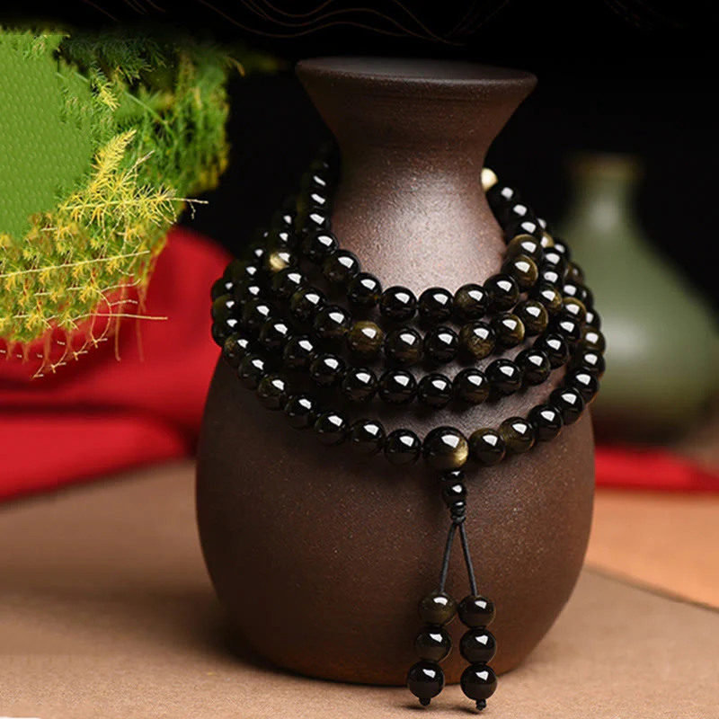 Mocoer 108 Mala Beads Natural Gold Sheen Obsidian Wealth Bracelet - Mocoer