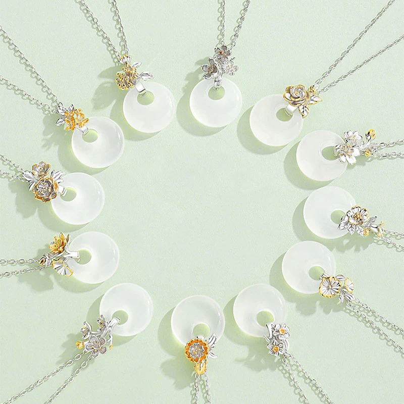 Mocoer 925 Sterling Silver Round Chalcedony Twelve Months Flower Harmony Necklace Pendant - Mocoer