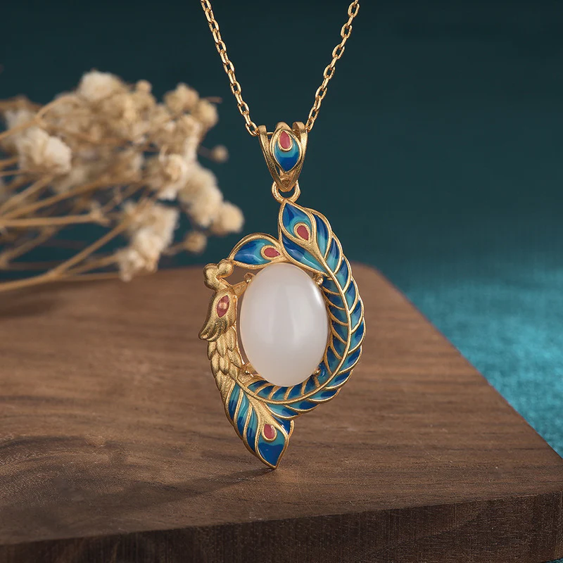 Mocoer White Jade Peacock Copper Blessing Necklace Pendant - Mocoer