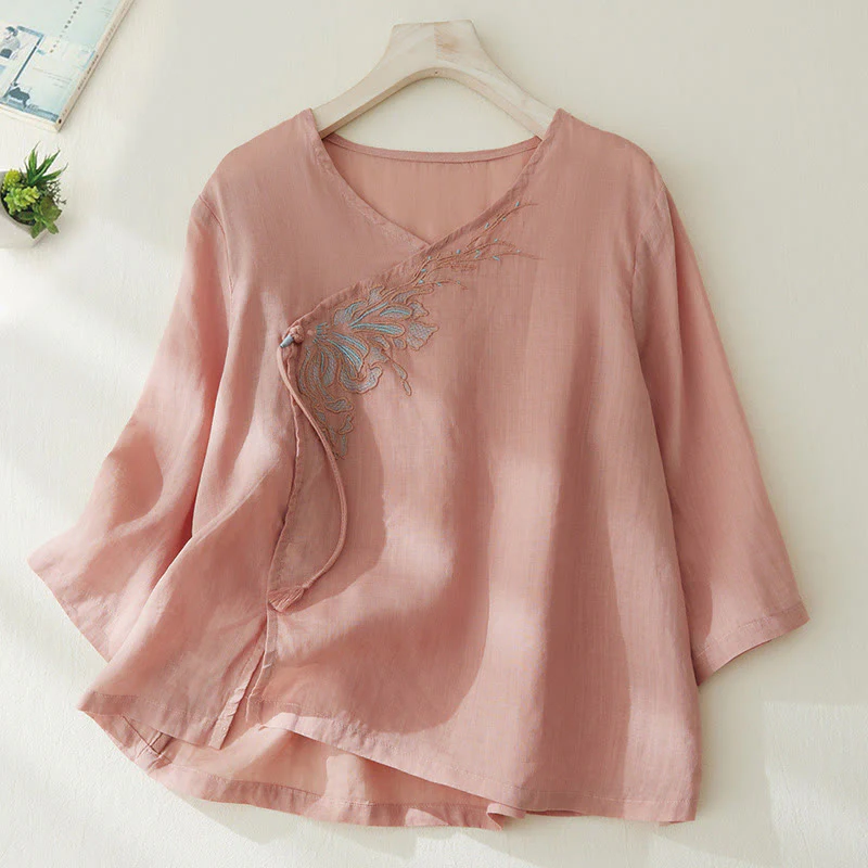 Mocoer Casual Women's Embroidery Plants Design Three Quarter Sleeve Cotton Linen Shirt - Mocoer