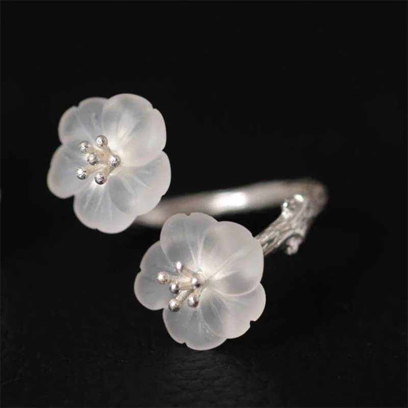 Mocoer 925 Sterling Silver White Crystal Double Plum Blossom Flower Adjustable Protection Ring - Mocoer