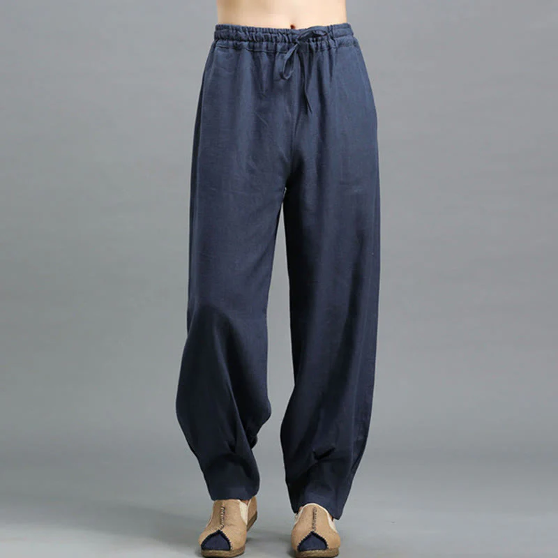 Mocoer Casual Plain Color Elastic Drawstring Ramie Linen Men's Pants With Pockets - Mocoer