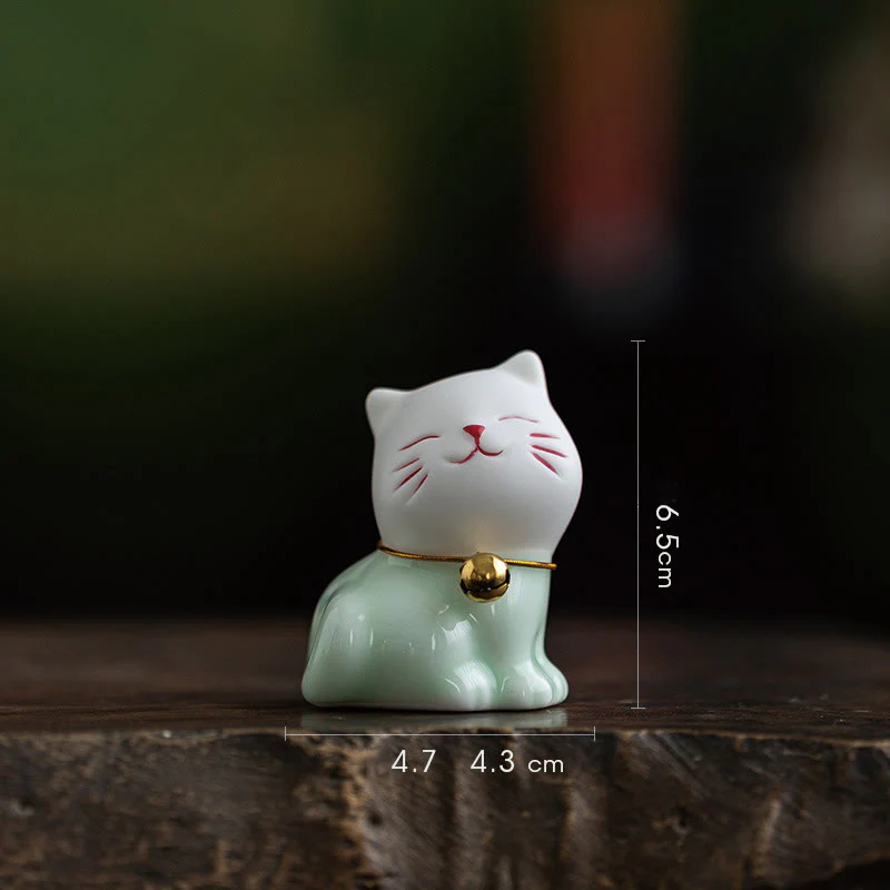 Mocoer Mini Lucky Cute Cat Light Green White Ceramic Figurine Decoration - Mocoer