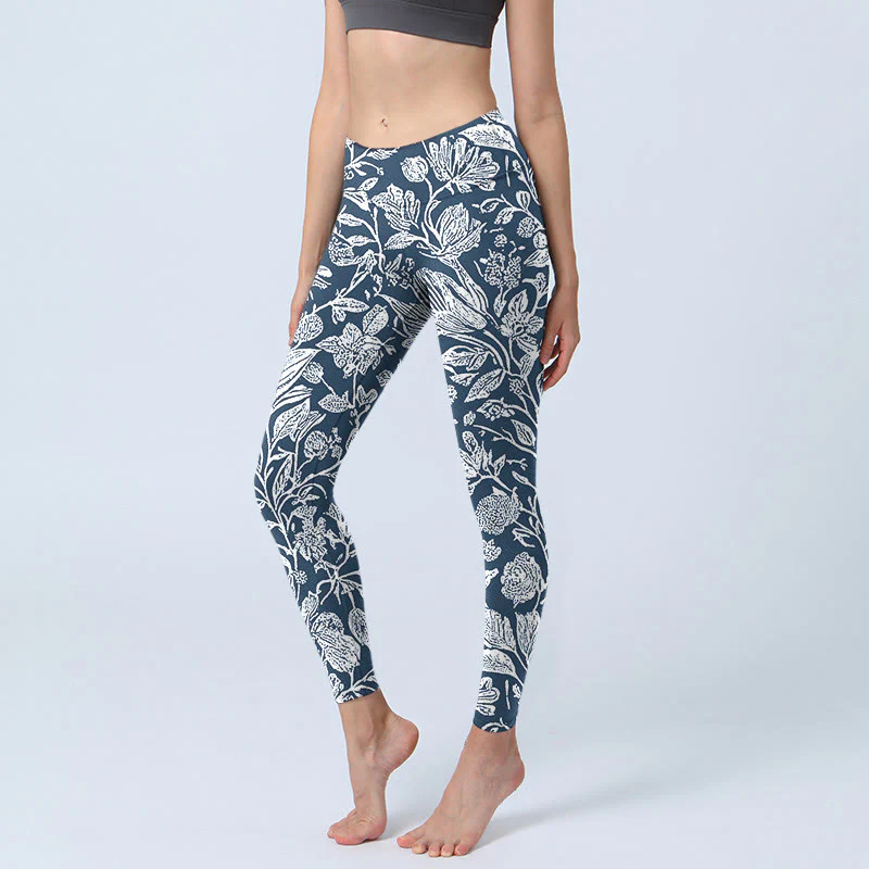 Mocoer Dark Blue Flower Print Fitness Leggings Women's Yoga Pants - Mocoer