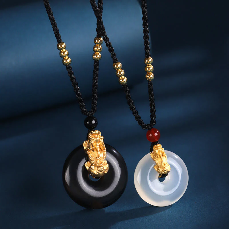 Mocoer Black Onyx White Agate Peace Buckle 999 Sterling Silver Gold PiXiu Fortune Necklace Pendant - Mocoer