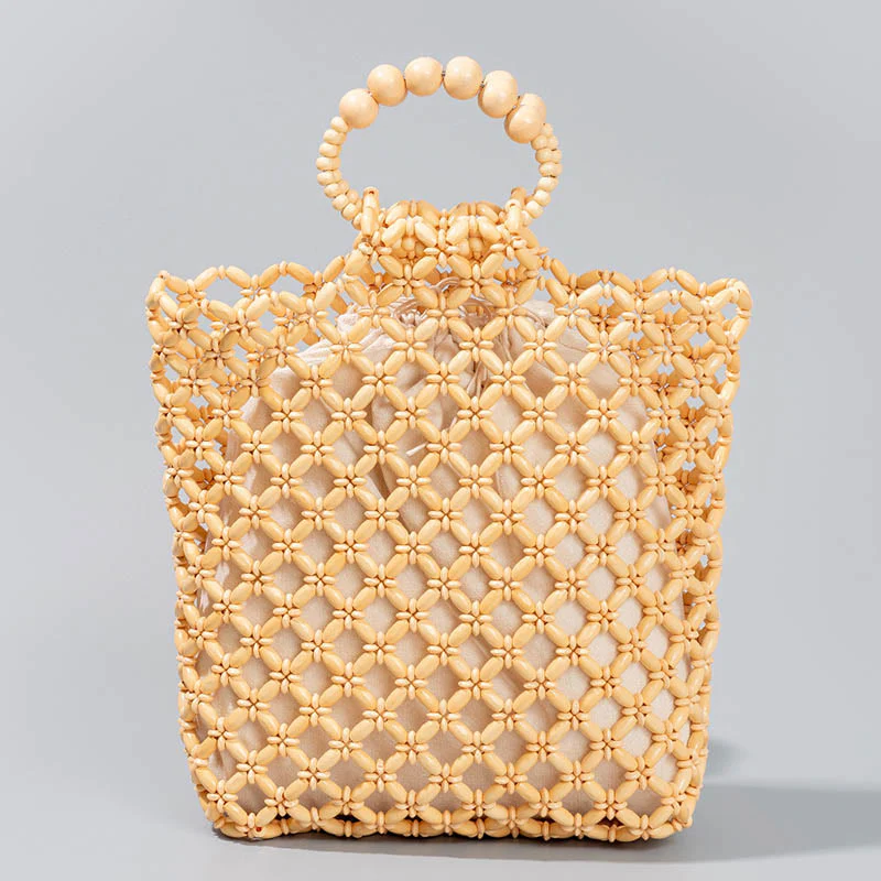 Mocoer Hand-woven Fishing Line Braiding Mesh Hollow Wooden Beads Handbag - Mocoer