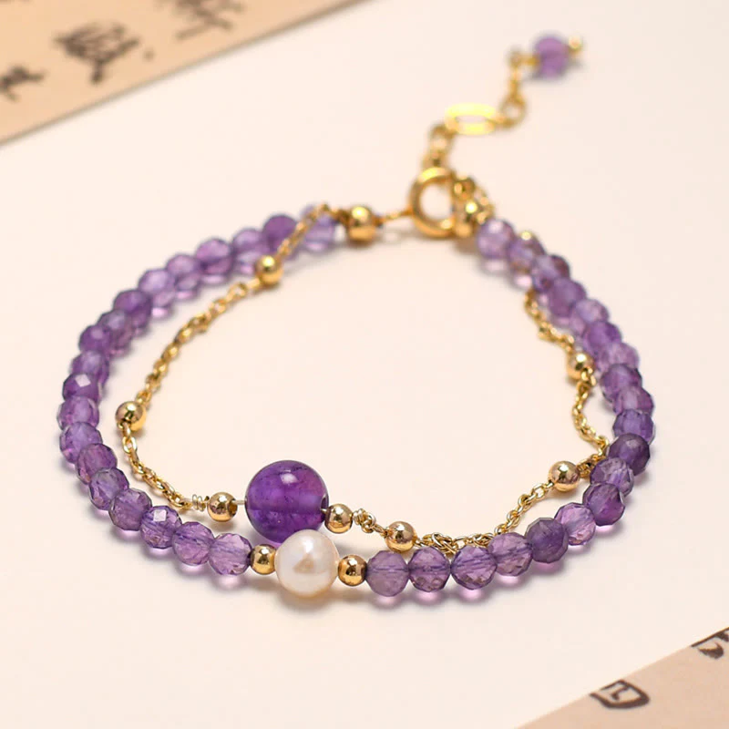 Mocoer 14K Gold Plated Amethyst Crystal Healing Double Layer Chain Bracelet - Mocoer