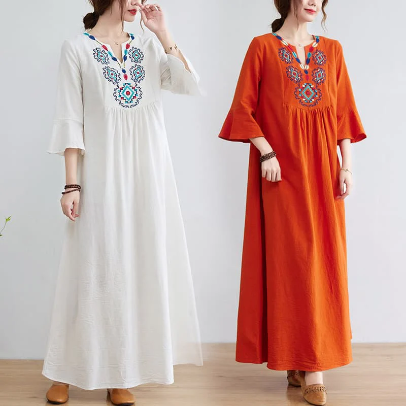 Mocoer Casual Embroidered Flower Pattern V-neck Three Quarter Sleeve Design Cotton Linen Midi Dress - Mocoer