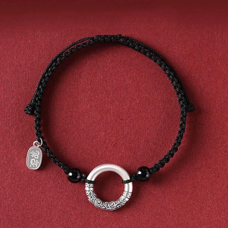 Mocoer 925 Sterling Silver Black Onyx Peace Buckle Fu Character Charm Bracelet - Mocoer