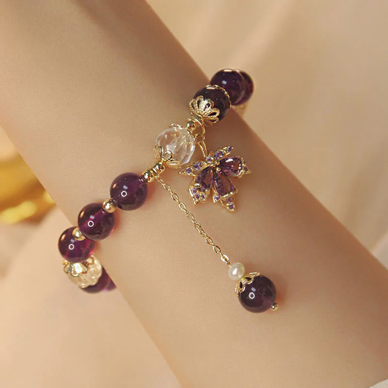 Mocoer 14k Gold Plated Natural Amethyst Healing Maple Leaf Charm Bracelet - Mocoer