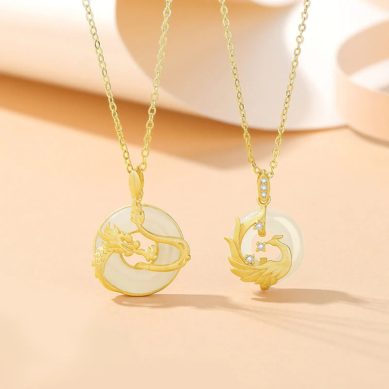Mocoer 925 Sterling Silver Year of the Dragon Hetian Jade Golden Dragon Phoenix Peace Buckle Luck Necklace Pendant - Mocoer