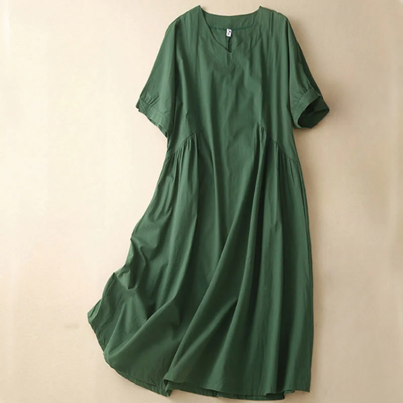 Mocoer Casual Pure Color Design Short Sleeve V-Neck Cotton Midi Dress With Pockets - Mocoer