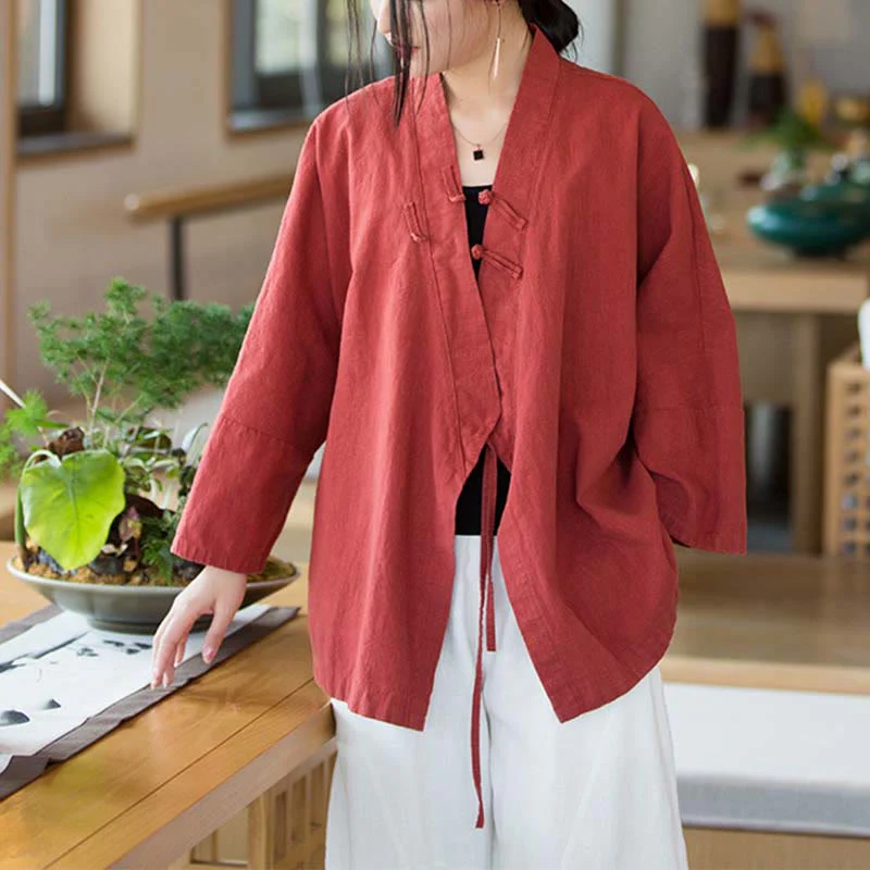 Mocoer Frog-Button Hanfu Design Long Sleeve Coat Zen Meditation Open Front Top Jacket - Mocoer