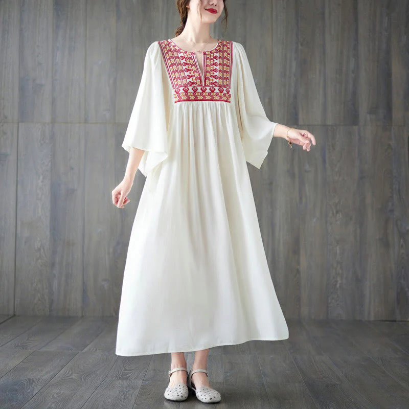 Mocoer Embroidery Notched Ruffled Hem Midi Dress With Pockets - Mocoer