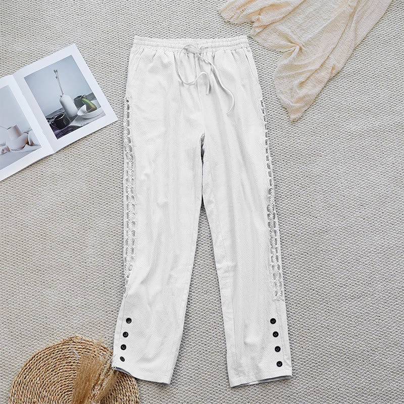 Mocoer Summer Plain Color Splicing Design Cotton Linen Women's Pants With Pockets - Mocoer