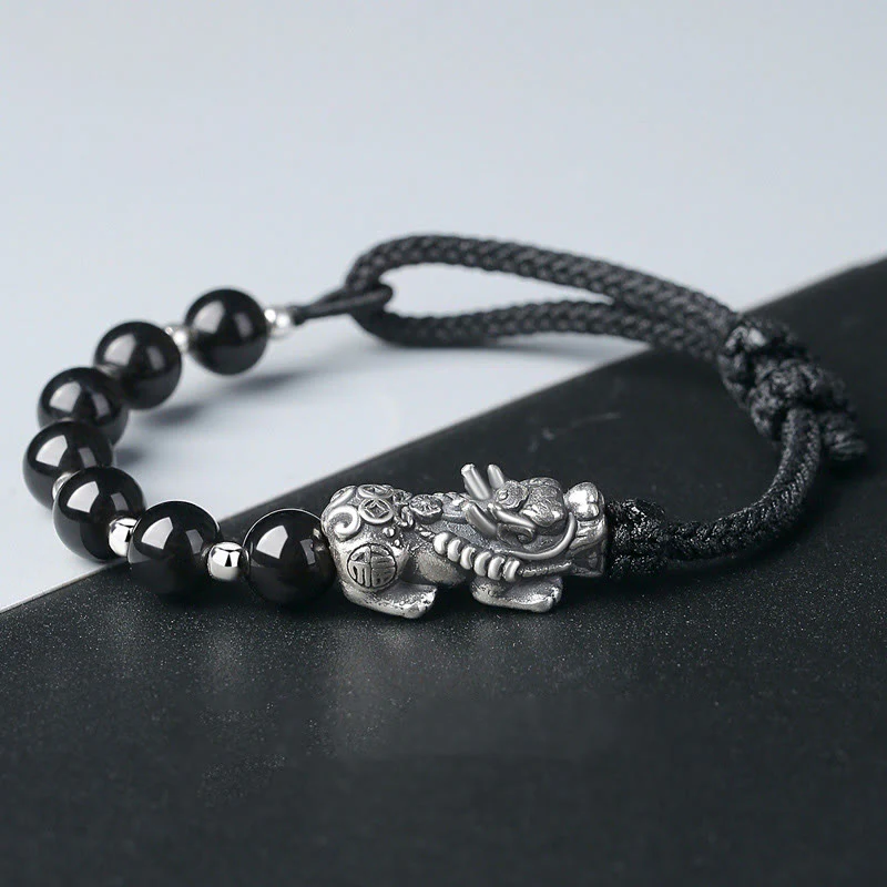 Mocoer 999 Sterling Silver FengShui PiXiu Natural Black Obsidian 925 Sterling Silver Bead Strength Bracelet - Mocoer