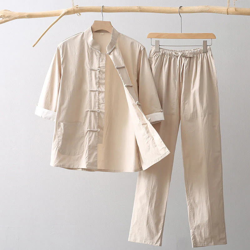 Mocoer Tang Frog-Button Three Quarter Sleeve Shirt Wide Leg Pants Cotton Linen Men's Suit - Mocoer