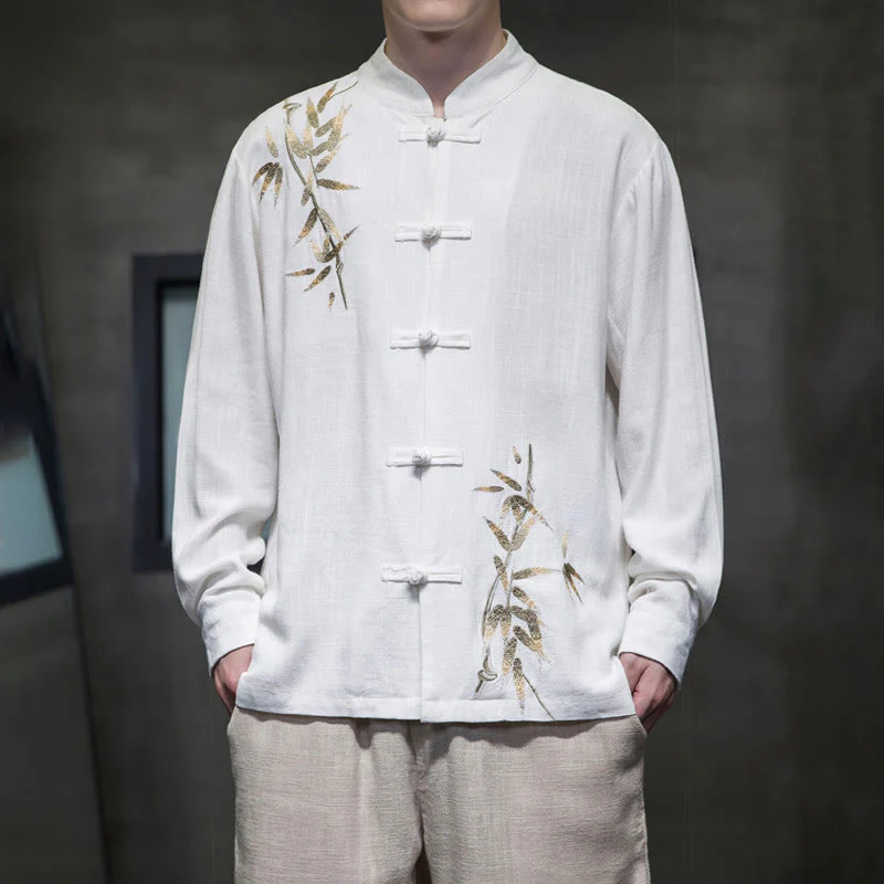 Mocoer Chinese Frog-Button Tang Suit Bamboo Leaves Long Sleeve Shirt Cotton Linen Men's Jacket - Mocoer