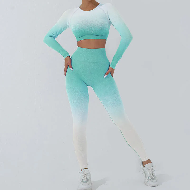 Mocoer Gradient Long Sleeve Crop Top Tee Bra Leggings Pants Fitness Yoga Outfit - Mocoer