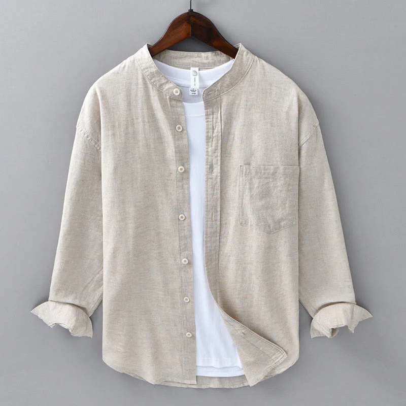 Mocoer Men's Long Sleeve Stand Collar With Pocket Pure Color Casual Cotton Linen Shirt - Mocoer