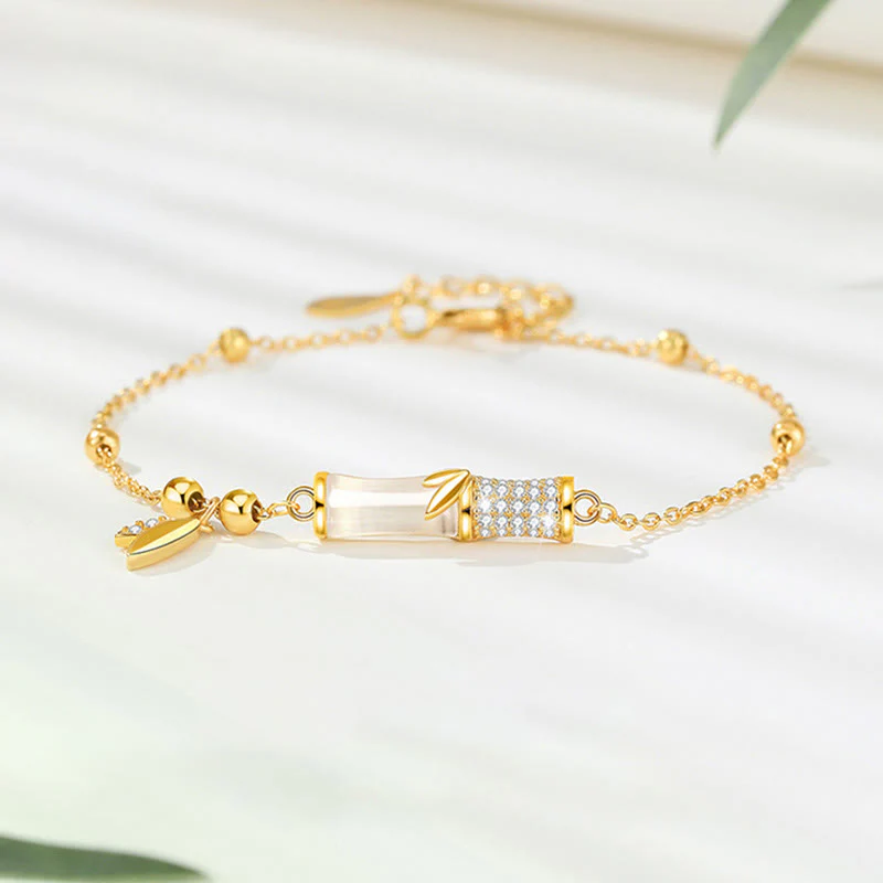 Mocoer 925 Sterling Silver 18K Gold Plated White Jade Bamboo Zircon Leaf Luck Bracelet - Mocoer