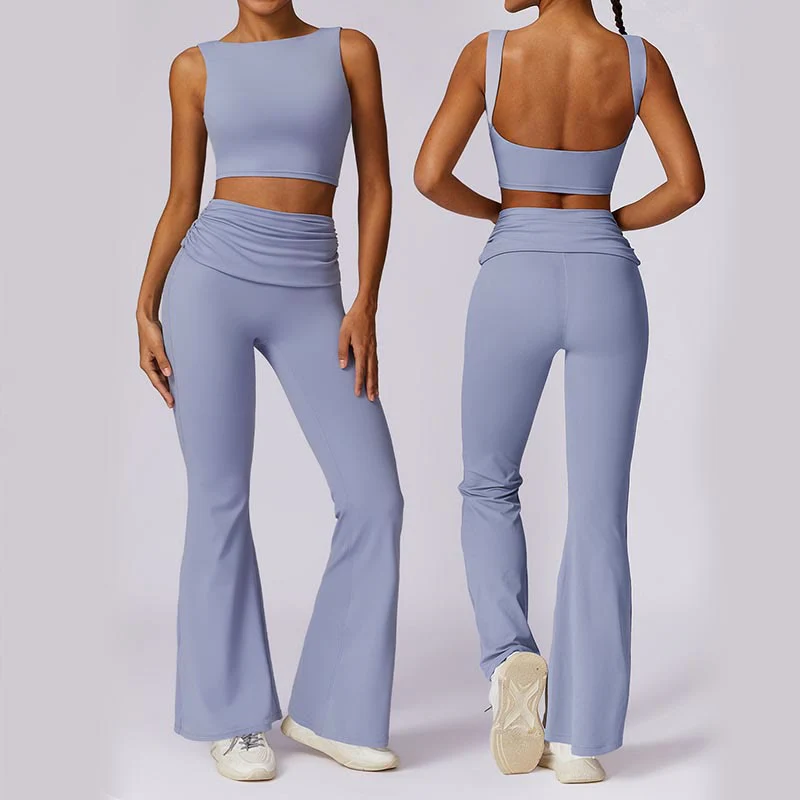 Mocoer Sleeveless Backless Strap Tank Top Bra Flared Pants Sports Fitness Yoga - Mocoer