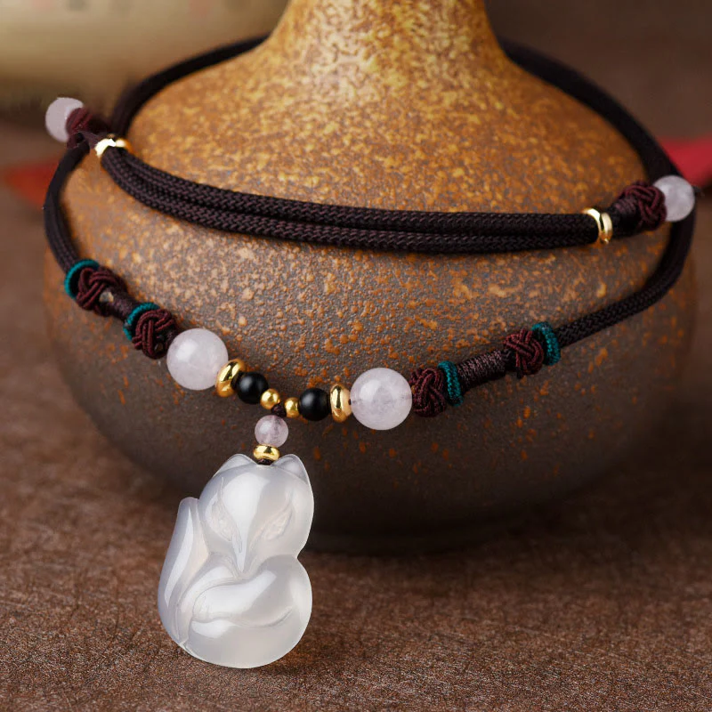 Mocoer Chalcedony Fox Pink Crystal Bead Harmony String Necklace Pendant - Mocoer