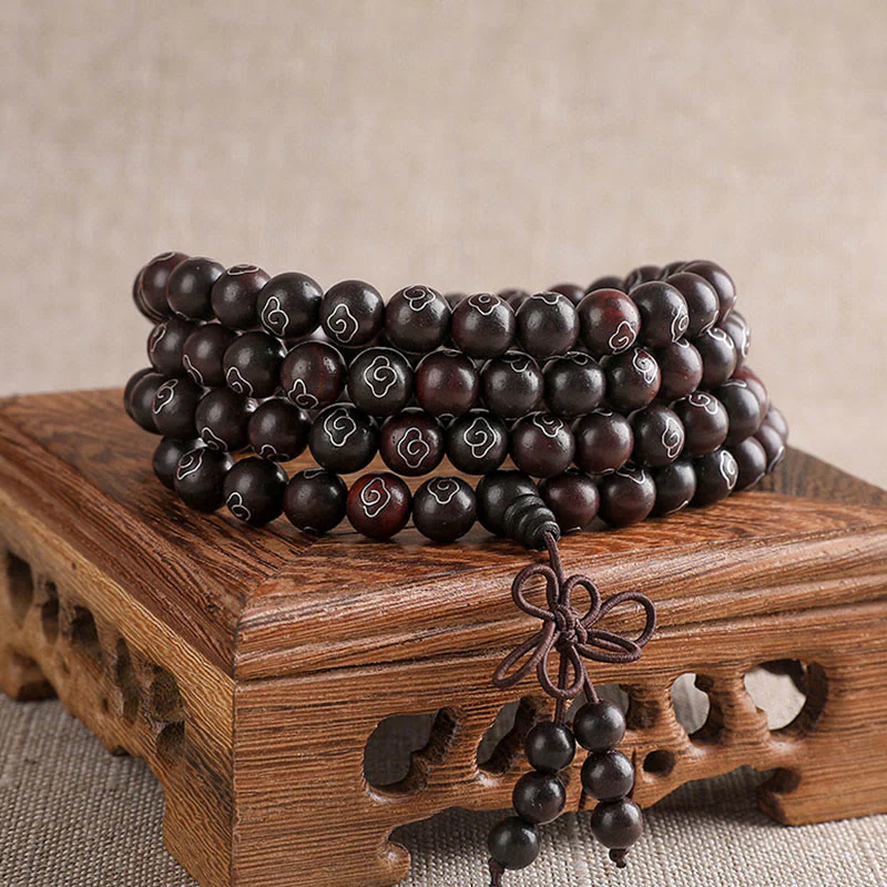 Mocoer 925 Sterling Silver Inlaid Small Leaf Red Sandalwood Om Mani Padme Hum Character Auspicious Clouds Protection Bracelet - Mocoer