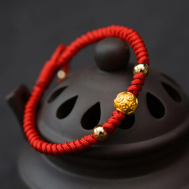 Mocoer 999 Sterling Silver Om Mani Padme Hum Copper Coin Luck Strength String Couple Bracelet - Mocoer
