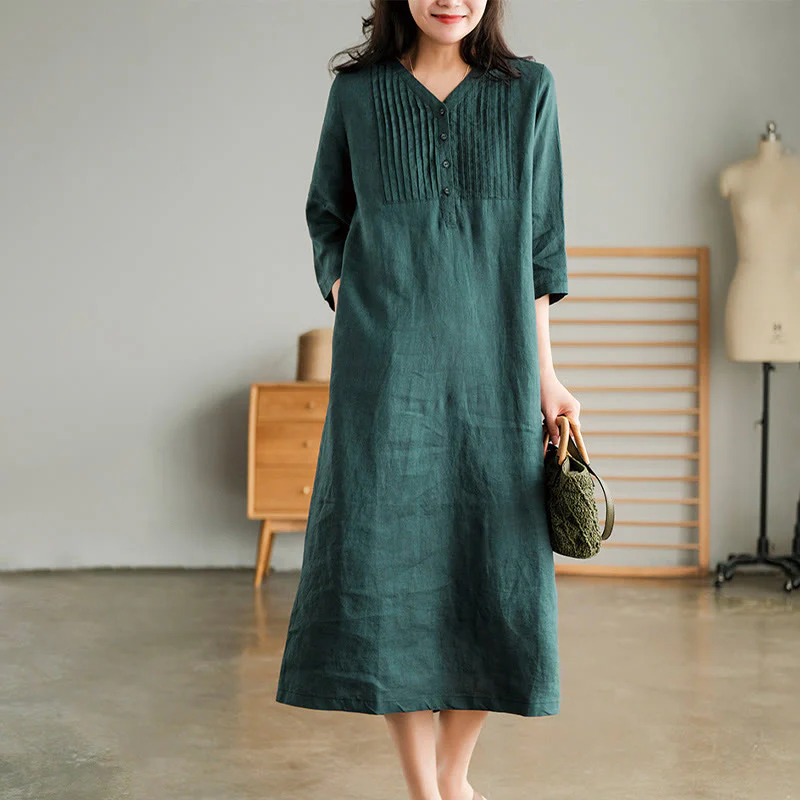 Mocoer Casual Plain Accordion Pleats V-neck Half Sleeve Design Linen Midi Dress With Pockets - Mocoer