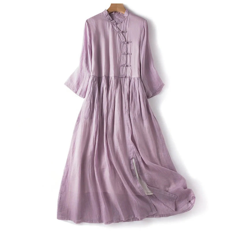 Mocoer Casual Plain Frog-Button Three Quarter Sleeve Stand Collar Cotton Linen Women's Maxi Dress - Mocoer