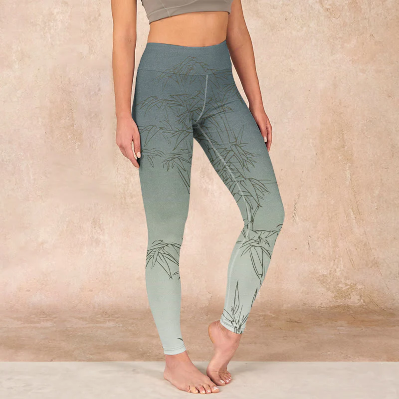 Mocoer Bamboo Leaves Sketch Print Sports Leggings Women's Yoga Pants - Mocoer