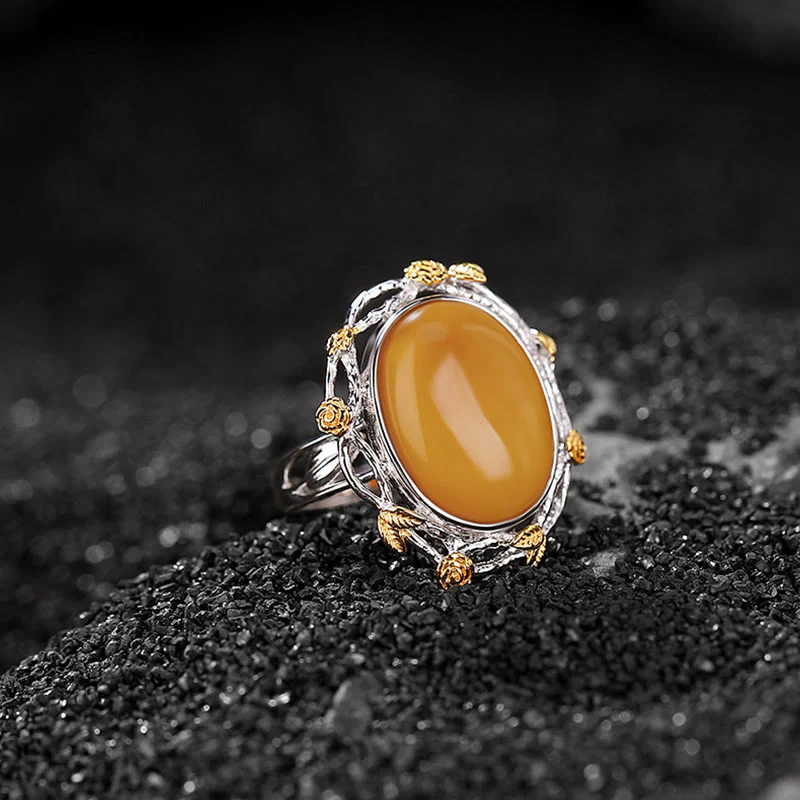 Mocoer 990 Sterling Silver Plated Gold Amber Focus Adjustable Ring - Mocoer