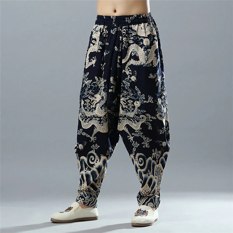 Mocoer Chinese Dragon Printed Elastic Waist Ethnic Cotton Linen Men's Pants With Pockets - Mocoer