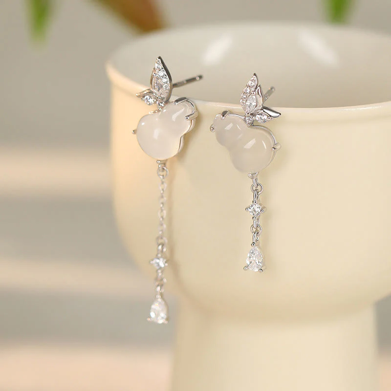 Mocoer Hetian Jade Magnolia Chalcedony 925 Sterling Silver Butterfly Gourd Luck Earrings - Mocoer