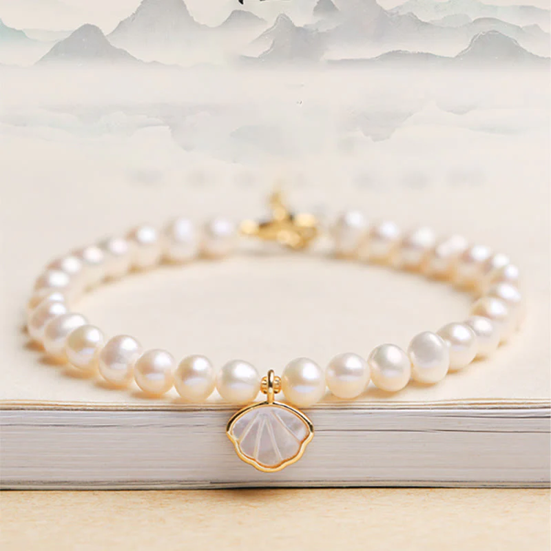 Mocoer 14K Gold Plated Natural Pearl Crystal Shell Charm Bead Bracelet - Mocoer