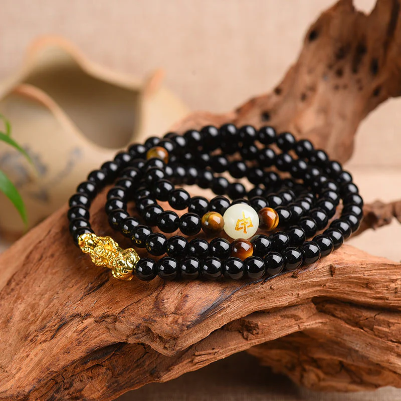 Mocoer Chinese Zodiac Obsidian PiXiu Protection Mala Bracelet - Mocoer
