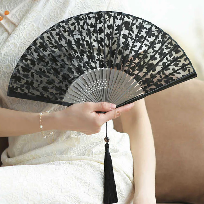 Mocoer Retro Leaves Flower Silk Handheld Bamboo Folding Fan - Mocoer