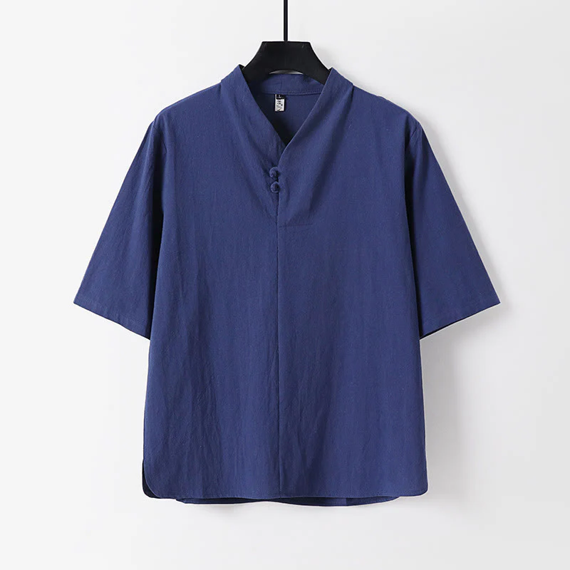 Mocoer Casual Plain Color Two Buttons Three Quarter Sleeve Cotton Linen Men's Shirt - Mocoer