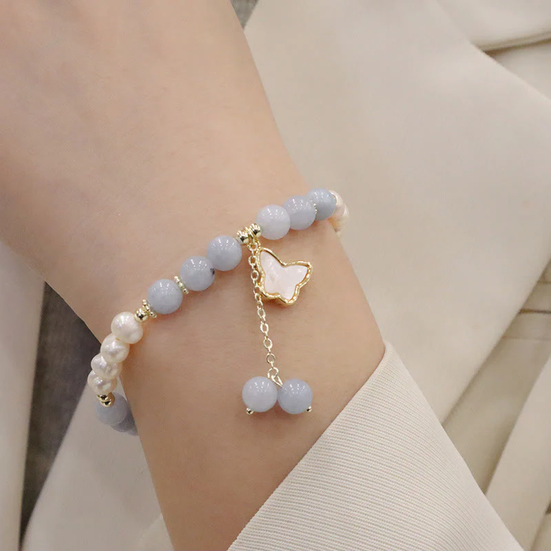 Mocoer Natural Aquamarine Pearl Healing Ginkgo Leaf Butterfly Charm Bracelet - Mocoer
