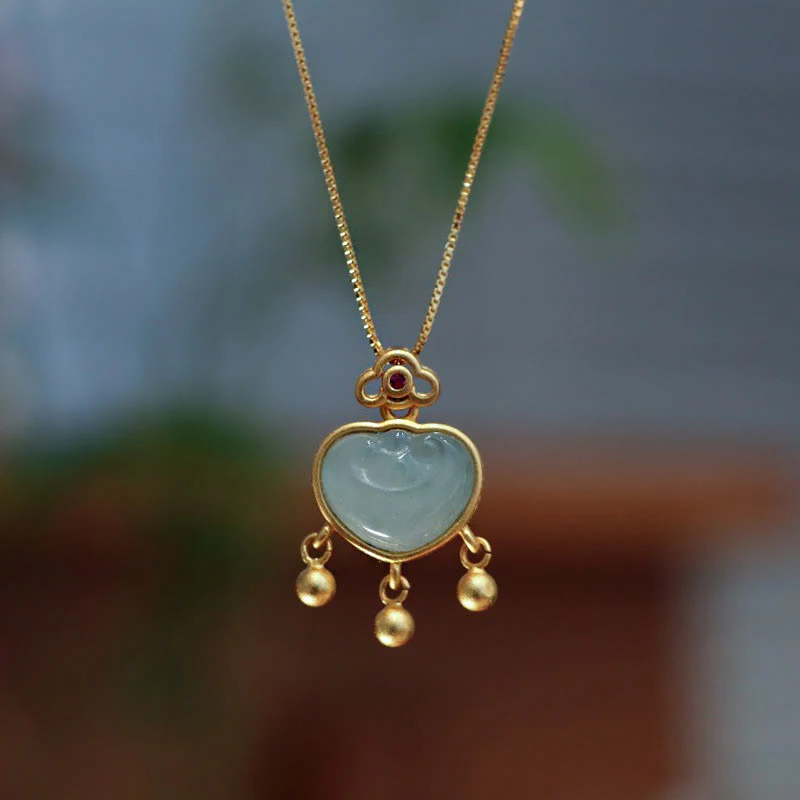 Mocoer 925 Sterling Silver Natural Jade Chalcedony Lock of Good Wishes Luck Necklace Pendant Bangle Bracelet - Mocoer