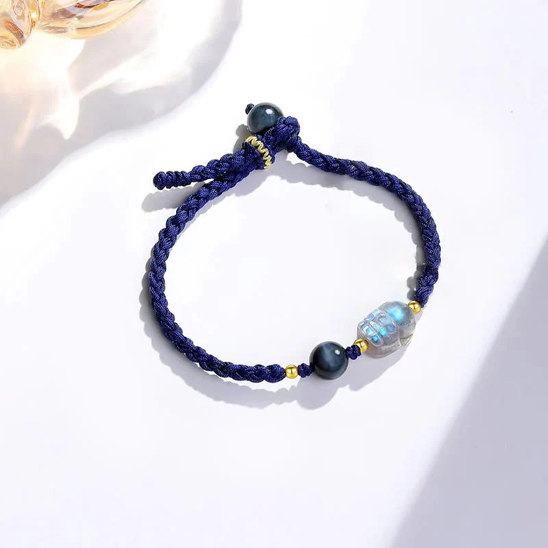 Mocoer Moonstone PiXiu Blue Tiger Eye Fu Character Healing Couple String Bracelet - Mocoer