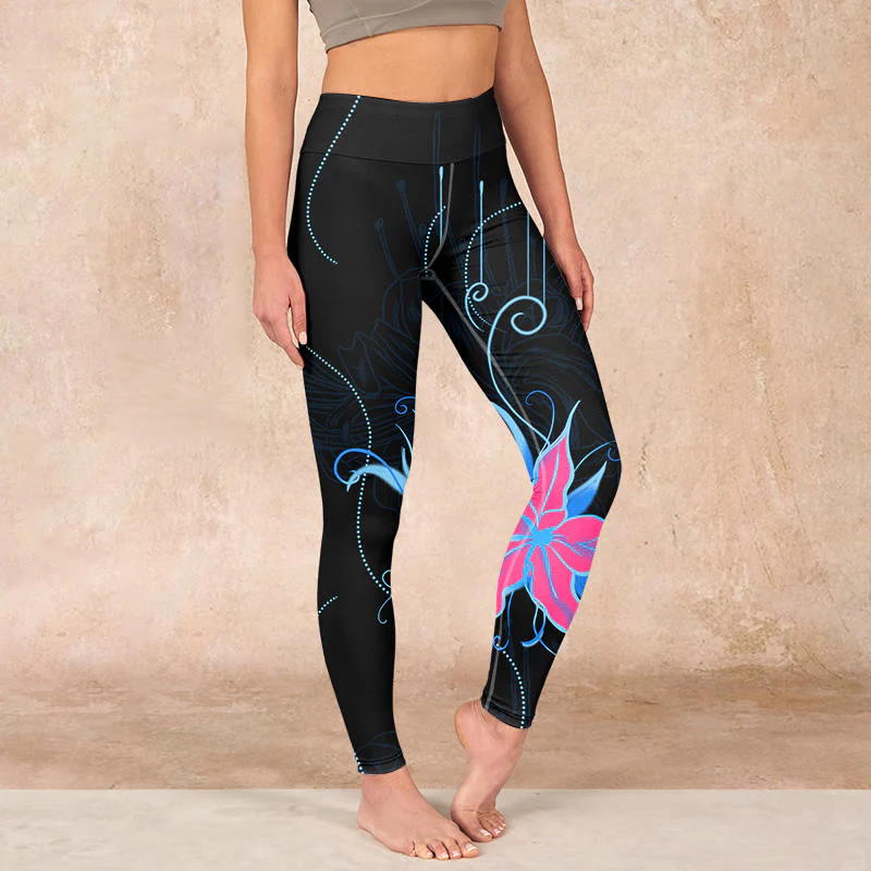 Mocoer Black Pink Blue Flowers Print Fitness Leggings Women's Yoga Pants - Mocoer