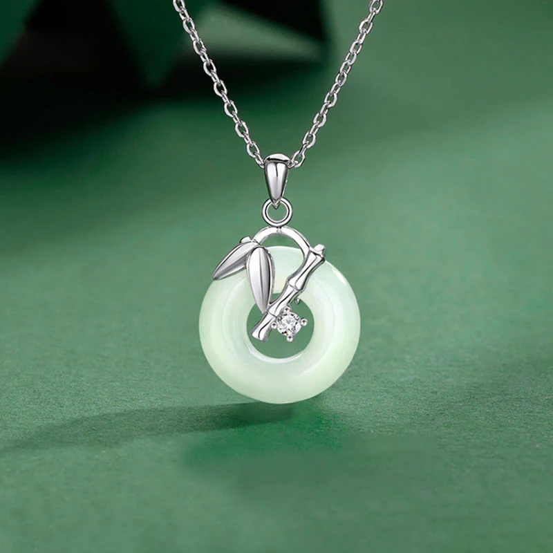 Mocoer 925 Sterling Silver Hetian Jade Bamboo Leaf Peace Buckle Prosperity Necklace Pendant - Mocoer