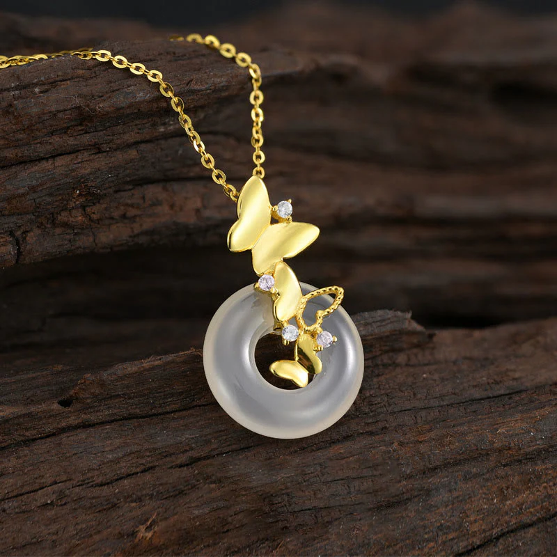 Mocoer 925 Sterling Silver Butterfly Chalcedony Peace Buckle Blessing Luck Necklace Pendant - Mocoer