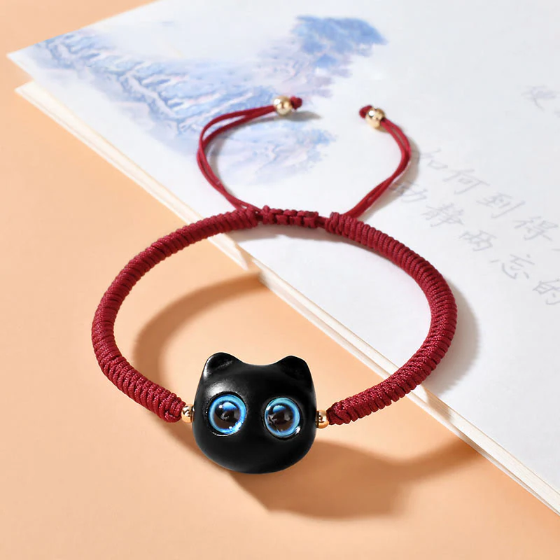 Mocoer Ebony Wood Cat Head Pattern Peace King Kong Knot Braided Bracelet - Mocoer