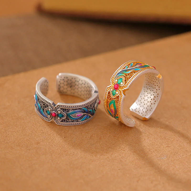 Mocoer 999 Sterling Silver Enamel Feather Design Adjustable Calm Ring - Mocoer